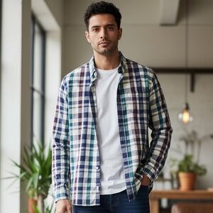 Banana Republic Men's Checkered Shirt - Blue, Green, and White